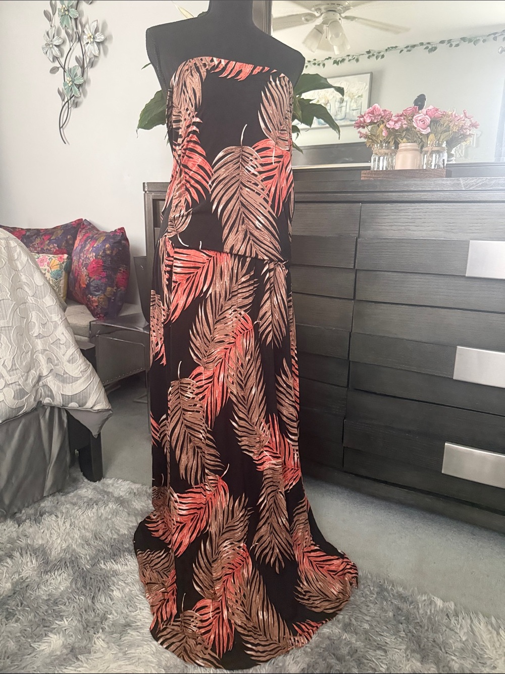 Black Strapless Maxi Dress with Coral and Tan Leaf Print
